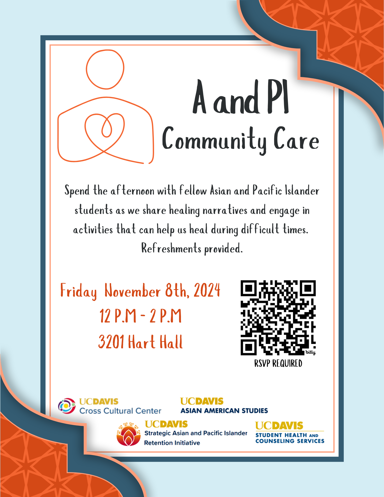 flyer with light blue background and orange stars in the corner. Includes a figure of a person making a heart shape.