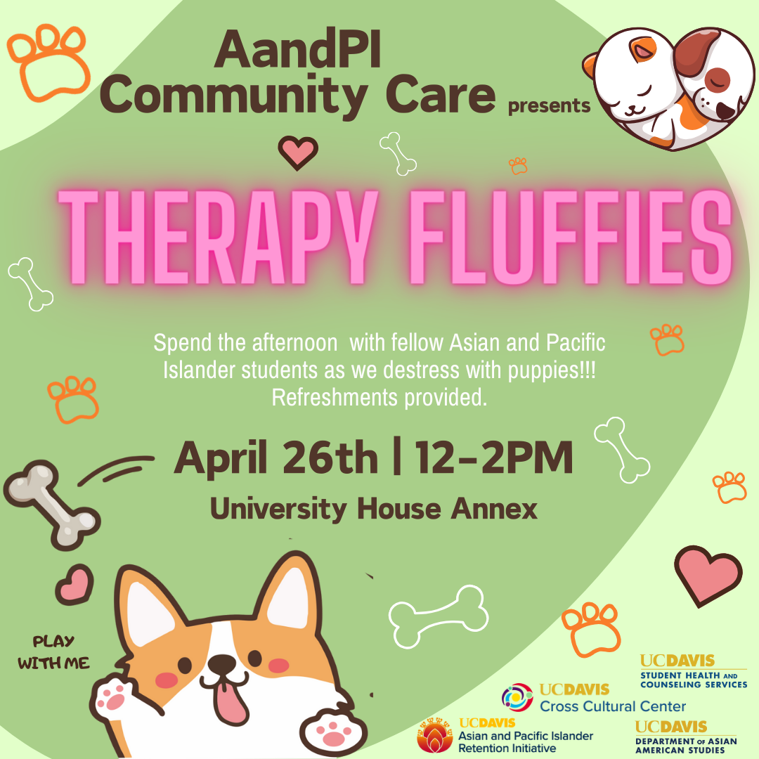 Green background with cute dogs surrounding the title AandPI Community Care Therapy Fluffies. Heart symbols, dog treat bones, and paw prints also surrounding the title of the event.