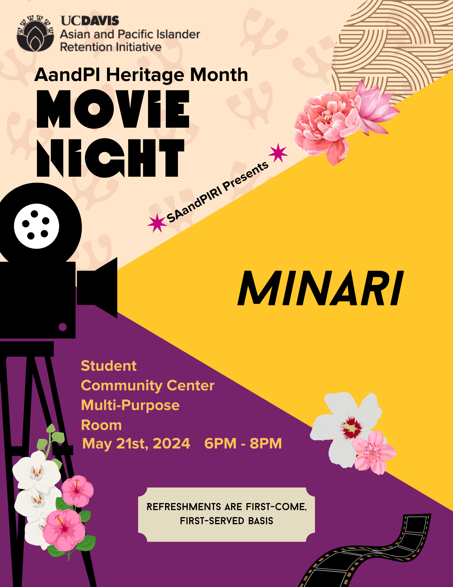Purple and yellow background with film camera shining a light on the movie title: Minari with pink and white flowers in the background