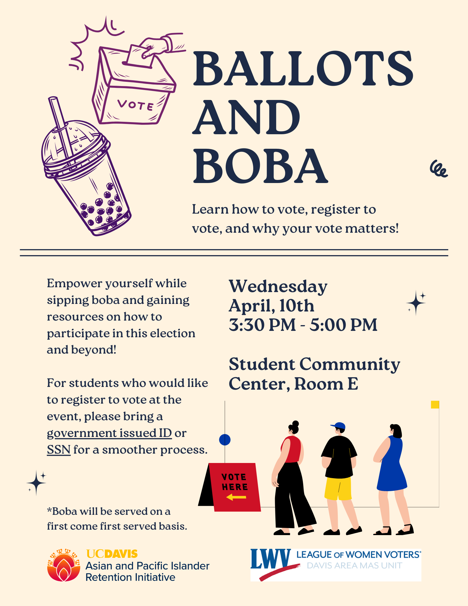 Flyer with voter box, boba drink cup, and three people in line ready to vote