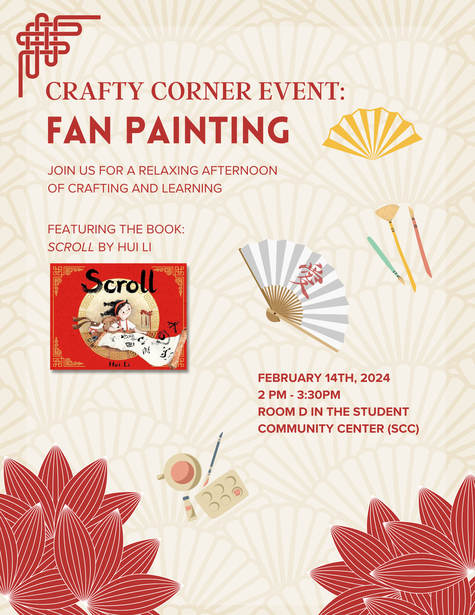 Flyer event with paper fans, red lotus flowers, paint brushes, and book titled Scroll