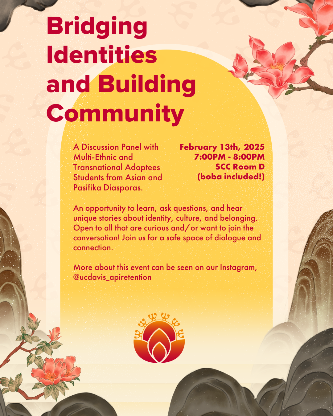 Yellow arch in the middle surrounding by brown mountains and pink cherry blossoms
