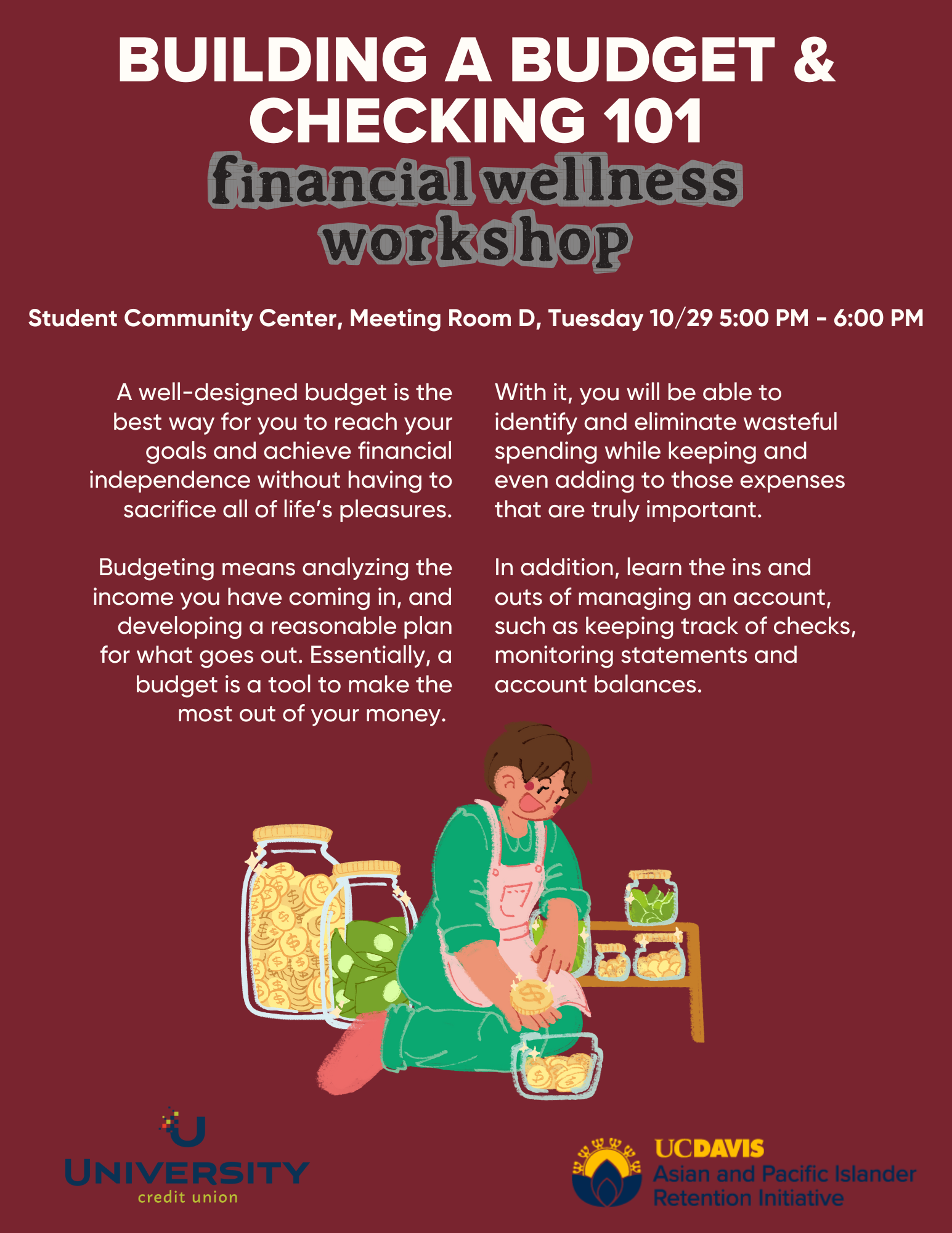 maroon background with an image of someone putting money in a jar to save money