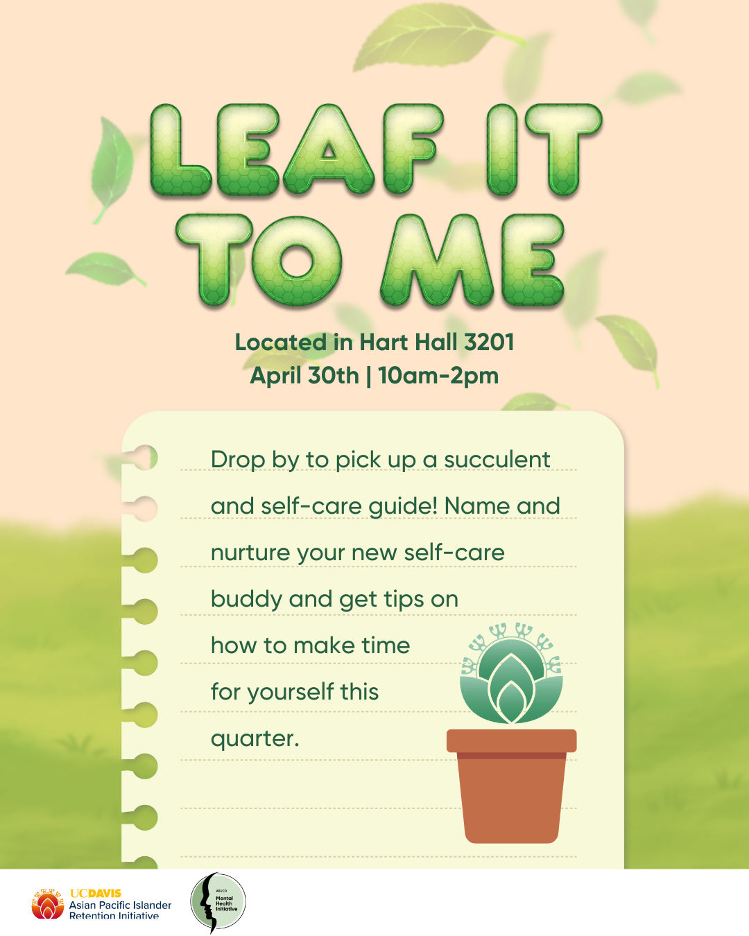 pink sky with green grass and green leaves falling with a paper note saying people can stop by to pick up a plant