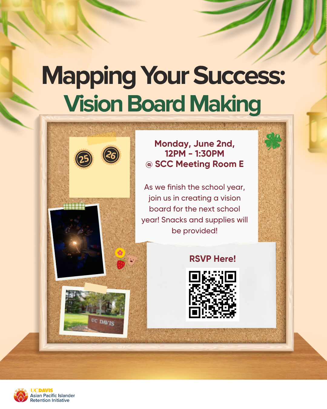 table displaying a bulletin board with photos, stickers, and event description