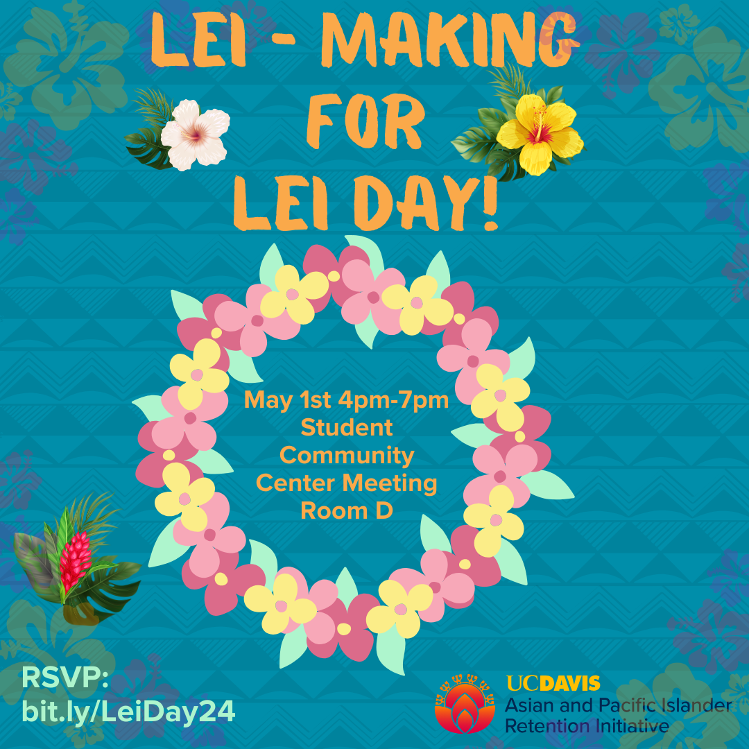 Teal blue background with different flowers like hibiscus and green tropical leaves surrounding the flyer. A pink and yellow lei circle is in the center of the flyer