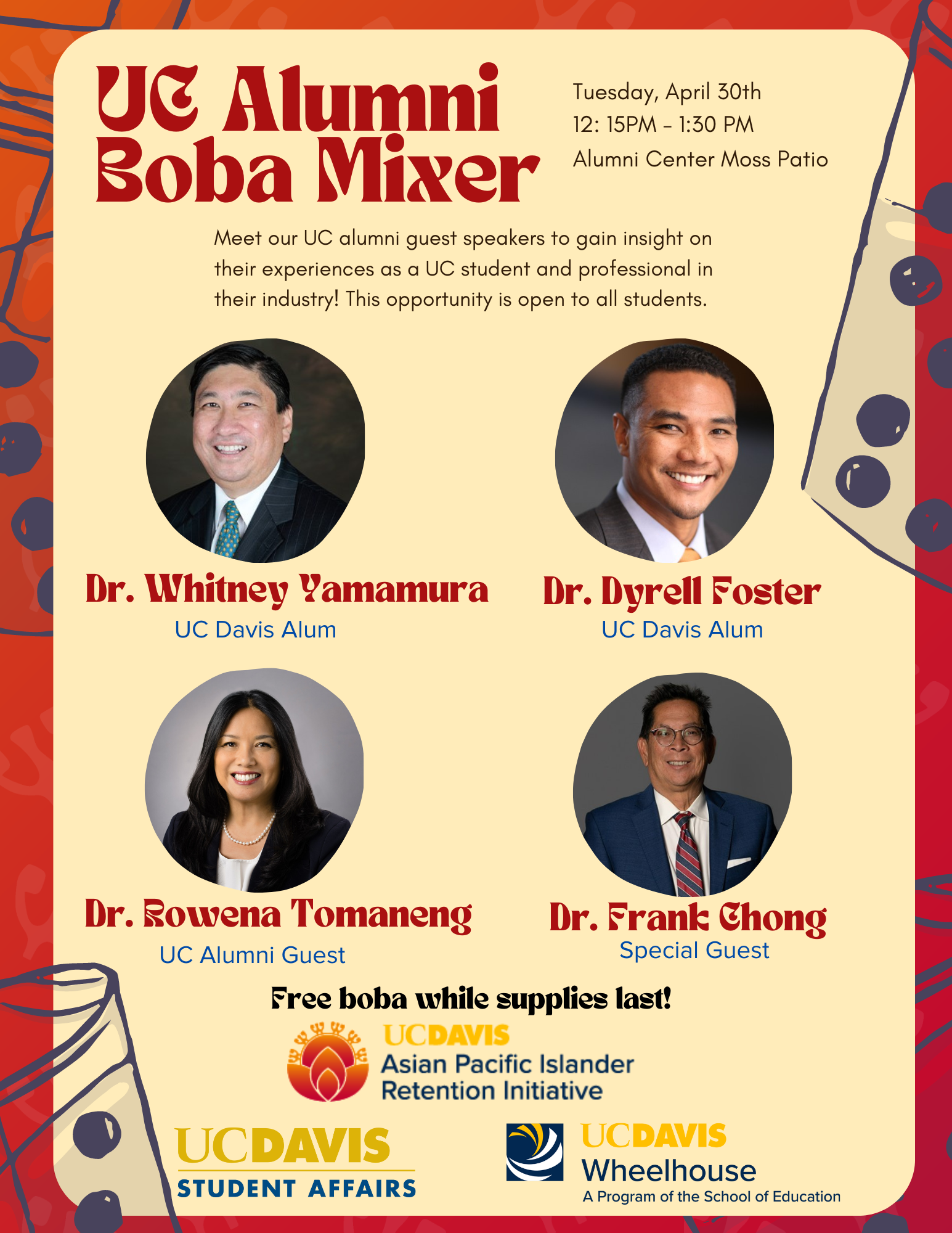 Profile pictures of guest speakers with boba drink drawings on pale yellow background