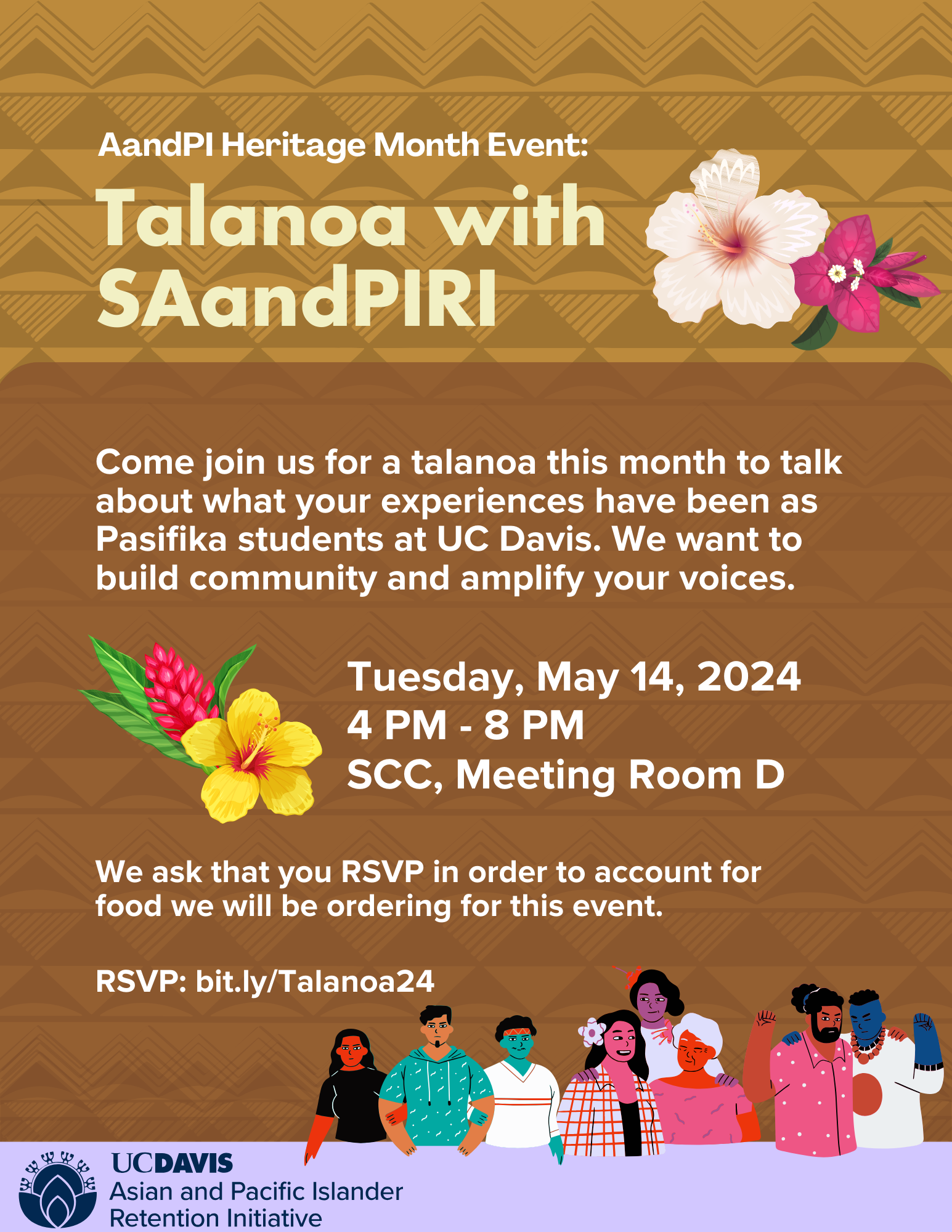 Light brown background with Pacific Islander folx gathering around and lei flowers in each corner. The title is AandPI Heritage Month Event: Talanoa with SAandPIRI