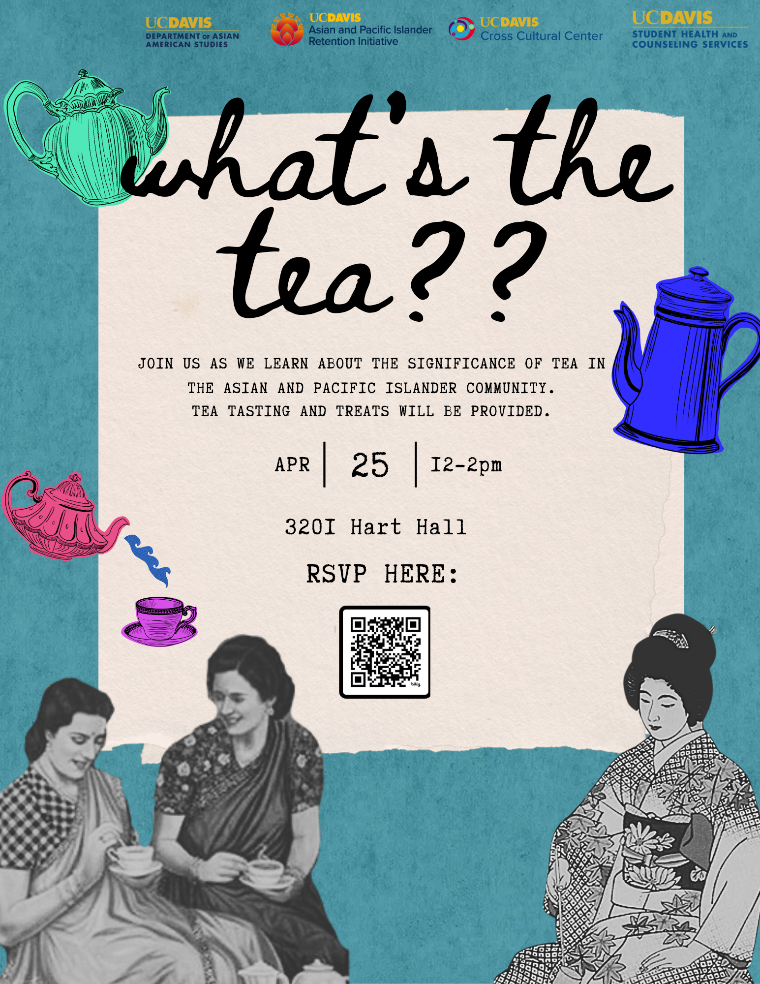 blue background with teapots and Asian and pacific islander drinking tea