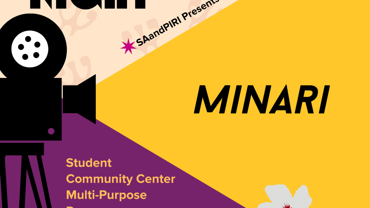 Purple and yellow background with film camera shining a light on the movie title: Minari with pink and white flowers in the background