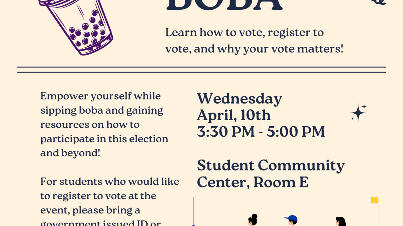 Flyer with voter box, boba drink cup, and three people in line ready to vote