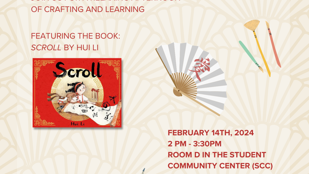 Flyer event with paper fans, red lotus flowers, paint brushes, and book titled Scroll