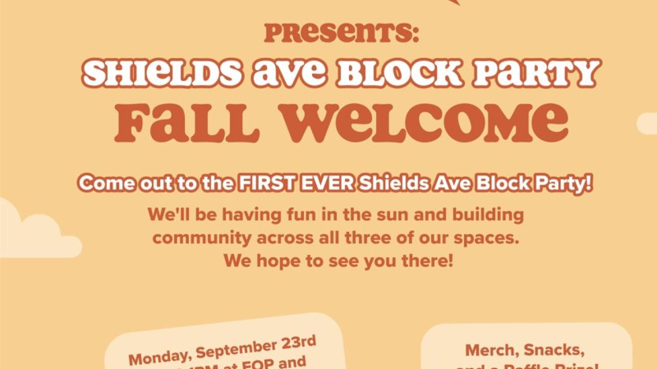 block party flyer with people together outside with merch booth, UCD egghead, and food truck