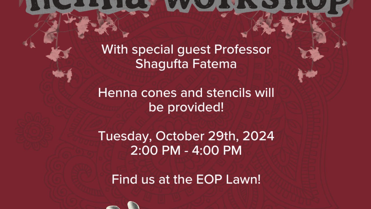 maroon background flyer with pink flowers on top and an arm below the event description.