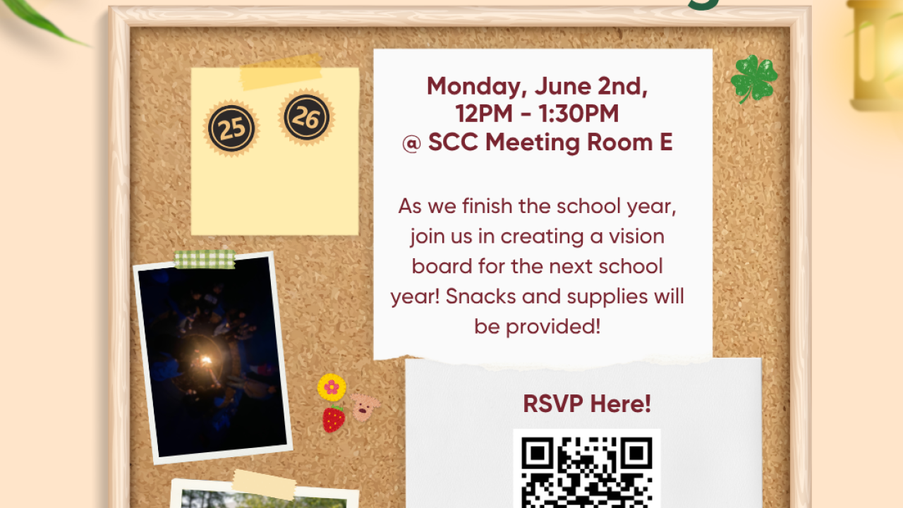 table displaying a bulletin board with photos, stickers, and event description