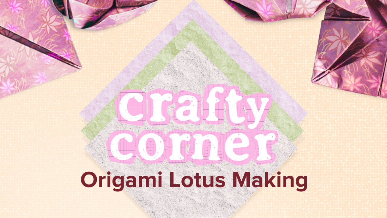 pale yellow background with pink origami and a table with lotus and matcha latte