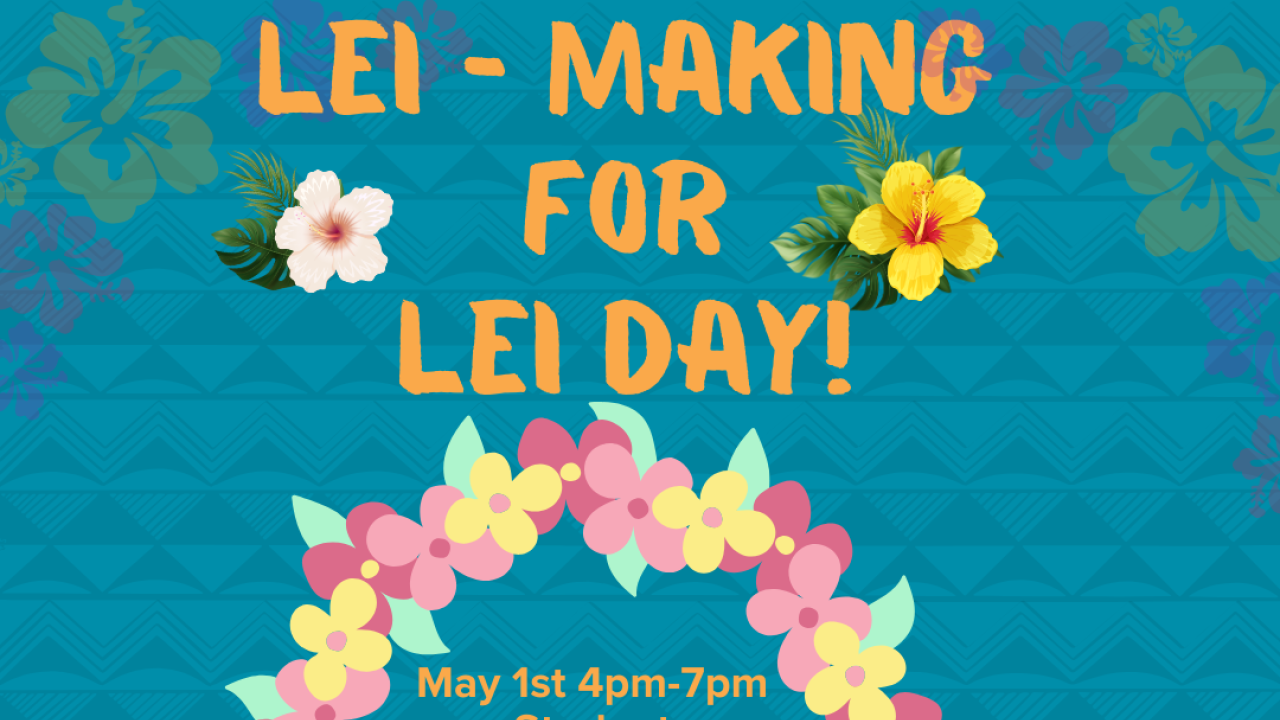 Teal blue background with different flowers like hibiscus and green tropical leaves surrounding the flyer. A pink and yellow lei circle is in the center of the flyer