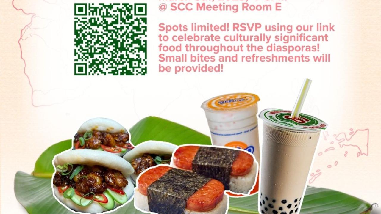 pale yellow background with bao, spam musubi, and milk tea boba drinks on a banana green leaf