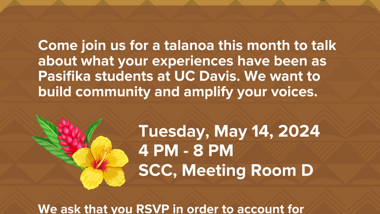 Light brown background with Pacific Islander folx gathering around and lei flowers in each corner. The title is AandPI Heritage Month Event: Talanoa with SAandPIRI