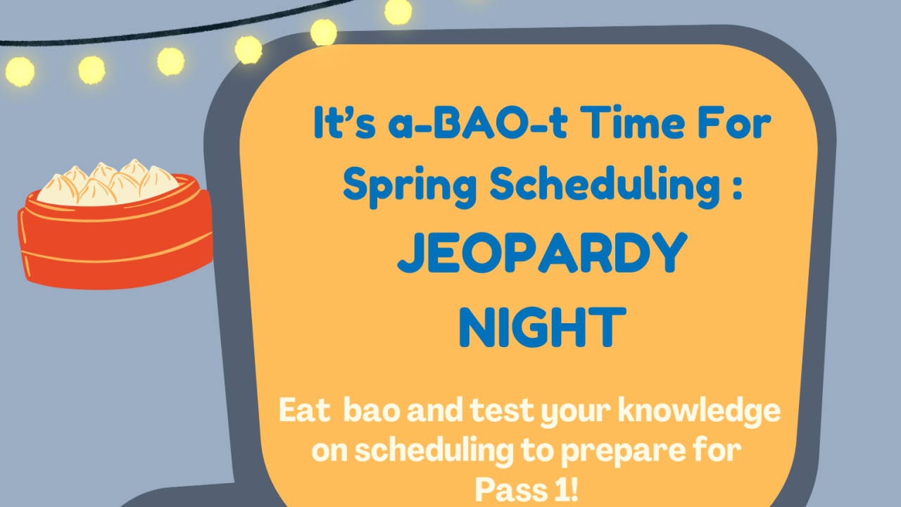 Blue background with squared colored text boxes and baos and dumpling in the corners