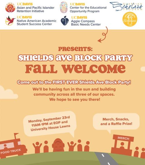 block party flyer with people together outside with merch booth, UCD egghead, and food truck
