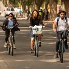 Students biking near the quad
