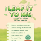 pink sky with green grass and green leaves falling with a paper note saying people can stop by to pick up a plant 
