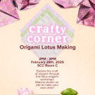 pale yellow background with pink origami and a table with lotus and matcha latte