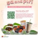 pale yellow background with bao, spam musubi, and milk tea boba drinks on a banana green leaf