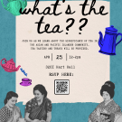 blue background with teapots and Asian and pacific islander drinking tea